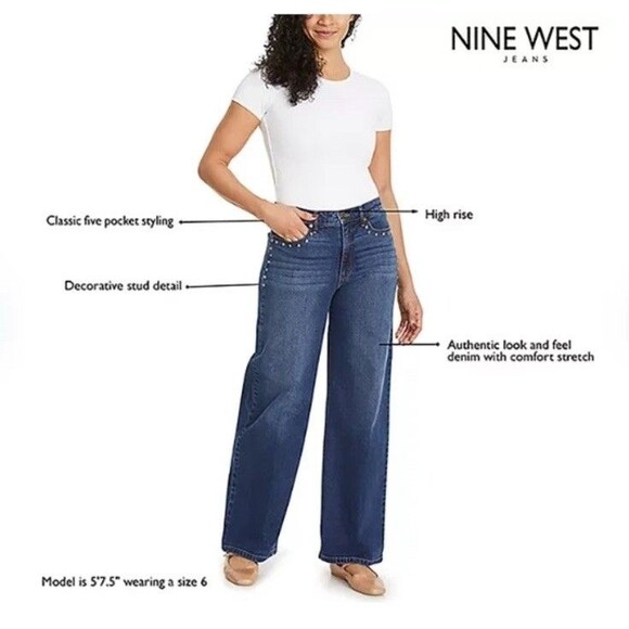 Nine West Wide Leg Jean Size 6 Dark Wash Decorative Studs High Rise Stretch - Picture 13 of 16